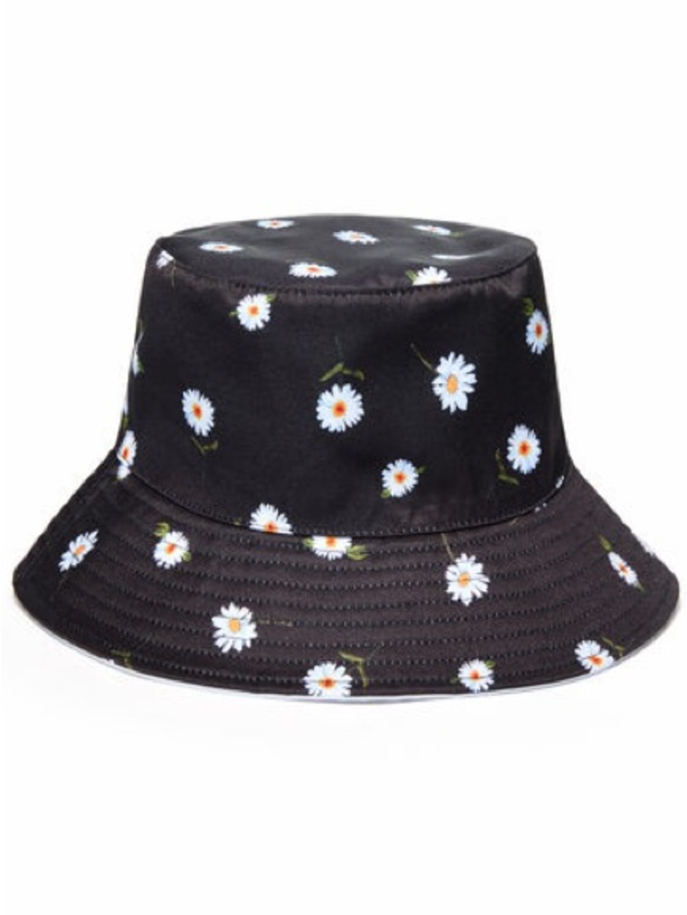 Black Daisy Print Reversible Bucket Hat